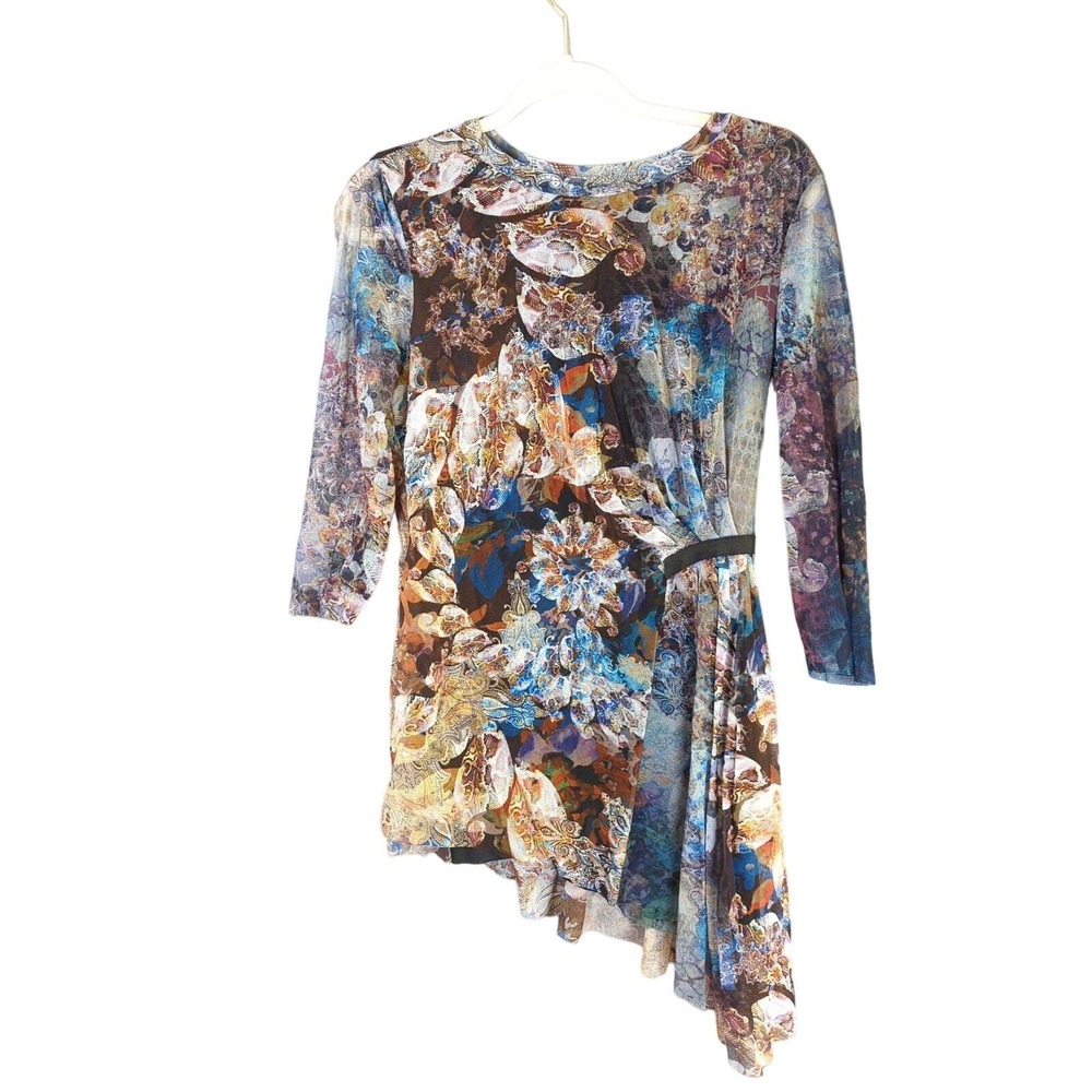 Elana Kattan Dress Womens‎ L Multicolor Floral Asymmetric Mesh Art To Wear